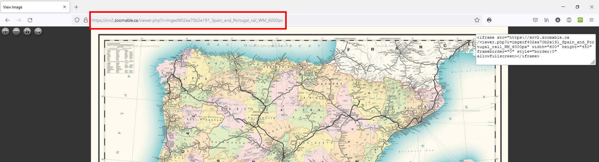 Zoomable Map of the railway network in Spain and Portugal. Embed Code is shown at the top right corner.